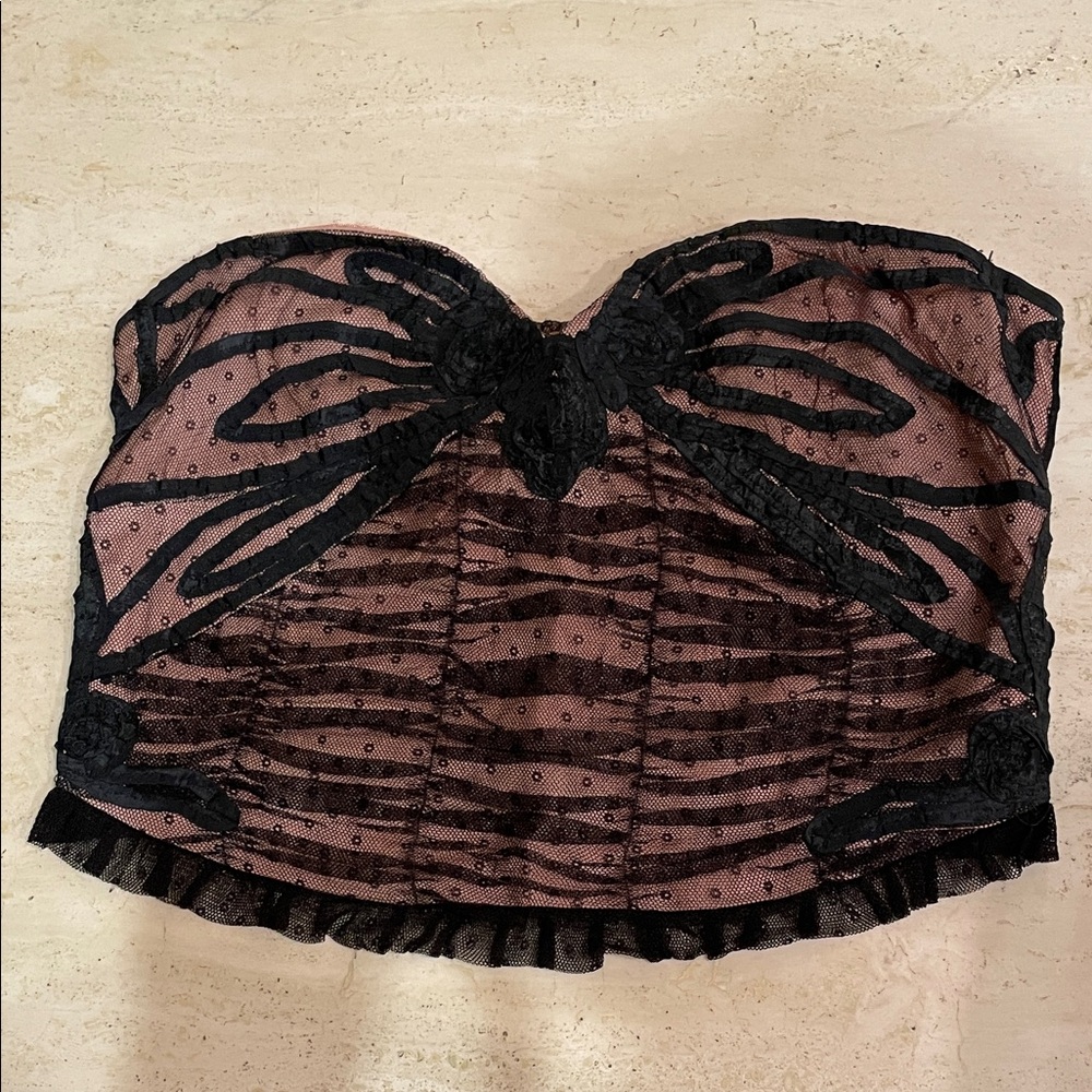 Free People Black and Brown Strapless Lace Crop Top